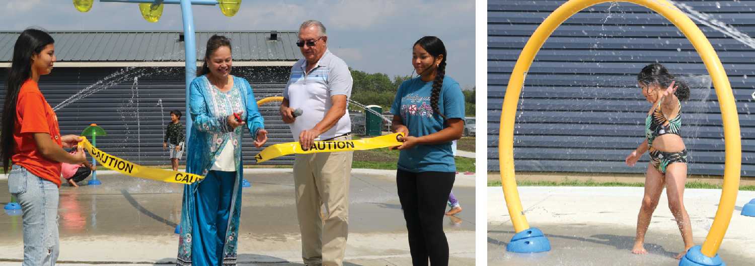 Left: Bernadette Akachuk with Bruce Standingready cutting the ribbon at the grand opening of the Splash Park last Wednesday. At right, Ayla Lonechild enjoying the newly opened Splash Park at White Bear First Nation.