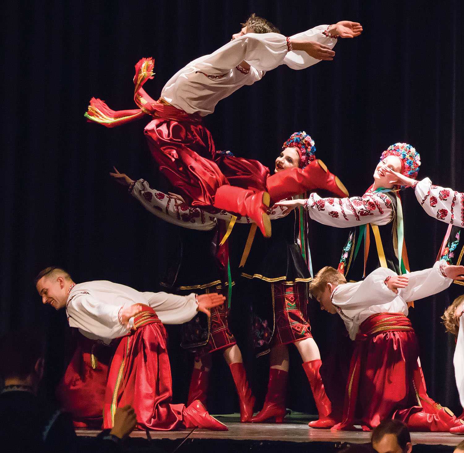 <b>Poltava Dancers</b><br> A member of the Poltava Dancers leaps in the air during a fundraiser for Ukraine held in Moosomin April 30.<br><i>Kim Poole photo</i>