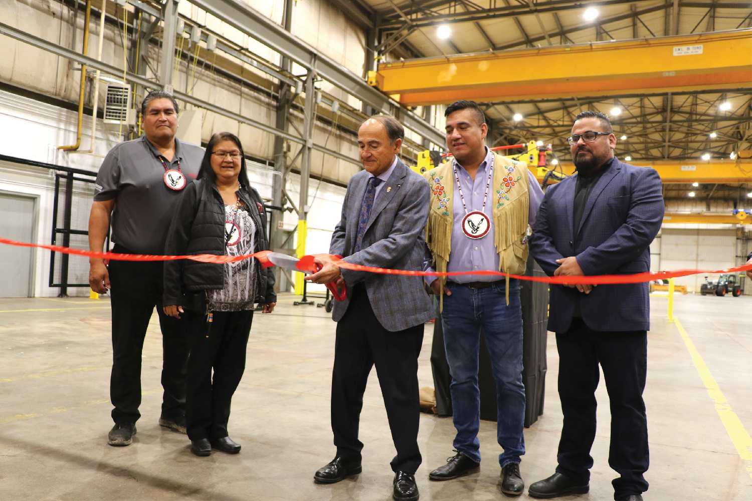 From left Kahkewistahaw Councillors Michael Bob and Iris Taypotat-Scribe, Melville Mayor Walter Streelatsky, Kahkewistahaw Chief Evan Taypotat, and Kihew Fabco President and CEO Des Dumais.