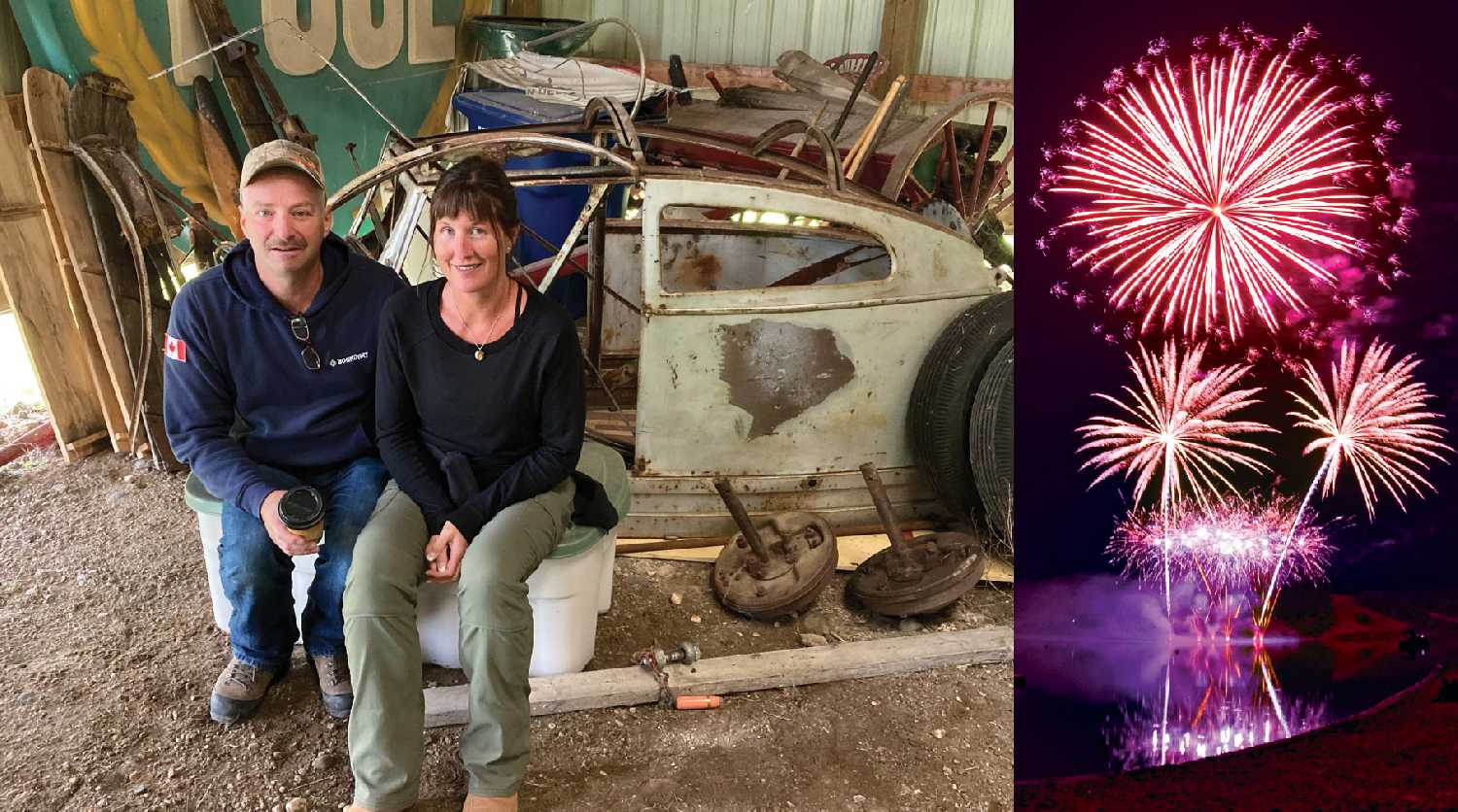 Darrell Hunter and Lisl Gunderman, left, will be talking about a historic snowplane that they restored after discovering it in Elkhorn. The snowplane is a Fudge built in Moosomin, and is part of their family’s history. And Kyle Jeannot will be talking about plans for the Living Skies Come Alive Fireworks Competition, right, taking place at Moosomin Regional Park on the August long weekend.