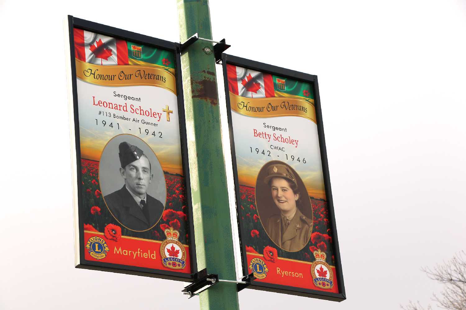 One of the various veteran signs displayed, in honor of two veterans from the Second World War - Leonard Scholey and Betty Scholey.