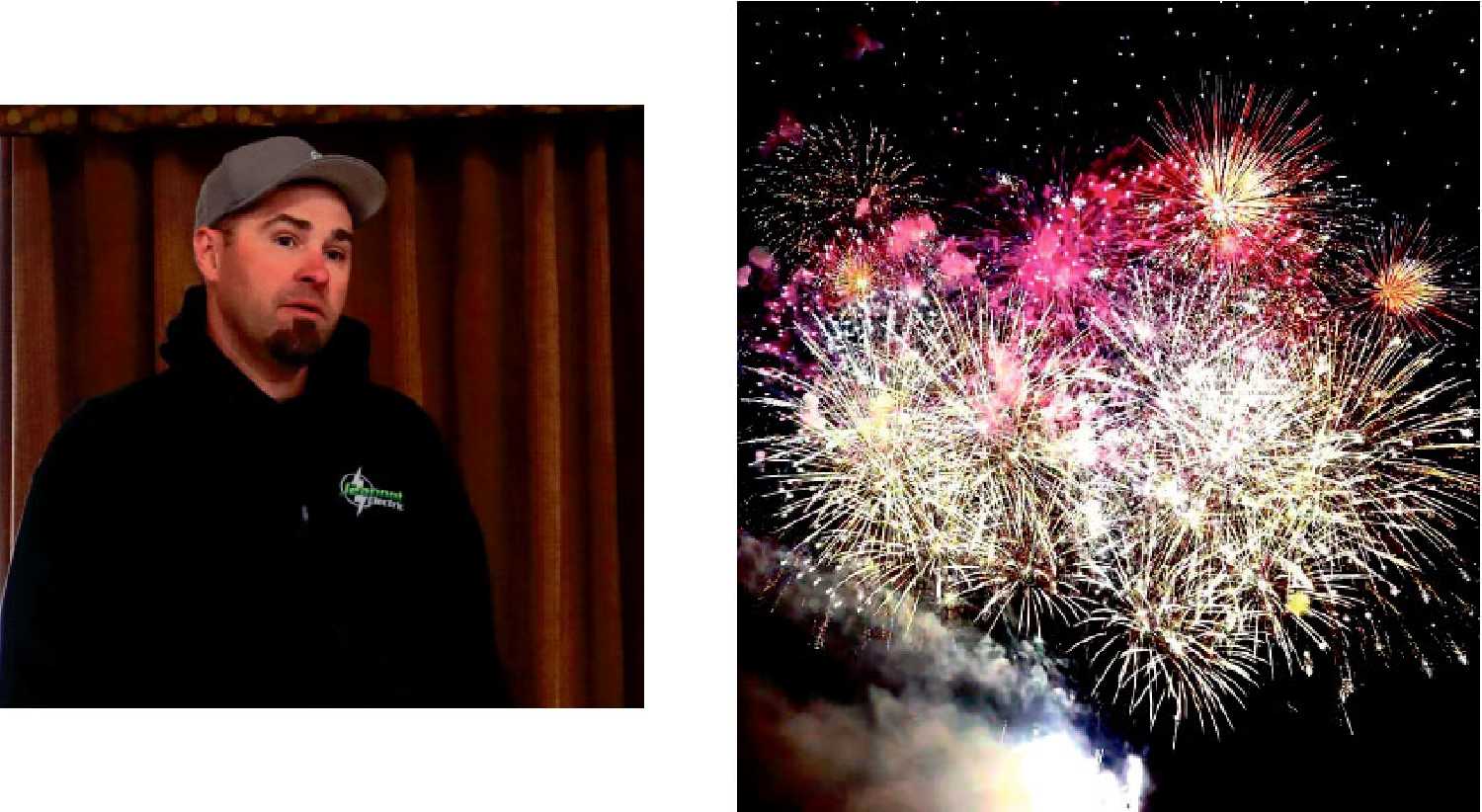 Left: Living Skies Come Alive organizer Kyle Jeannot giving an August long weekend update at the Moosomin Chamber meeting last Monday. Right: A photo taken by Joy Flaman during the 2025 Living Skies Come Alive fireworks competition. 