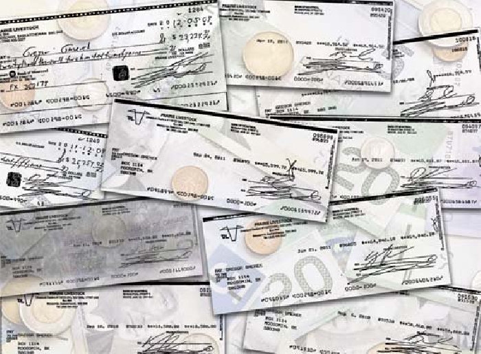 Various cheques Gregor Gmerek is alleged to have forged, in order to steal from his former employer, Prairie Livestock.