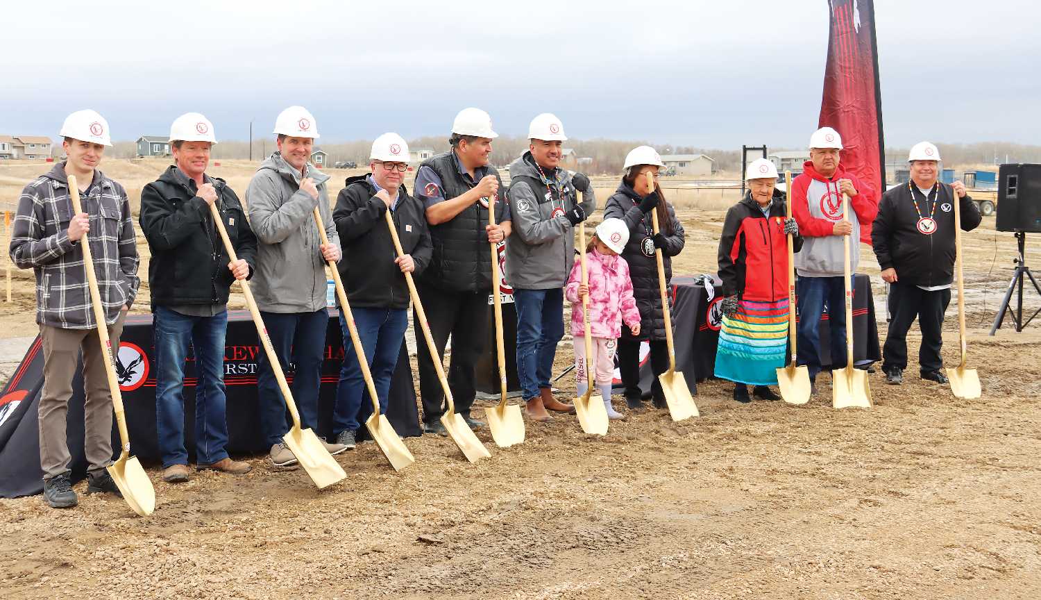Members from Kahkewistahaw First Nation, Corex Construction, BCL Engineering,  SAL Engineering and Indigenous Services Canada at the Sod turning on the site of the new water treatment plant.