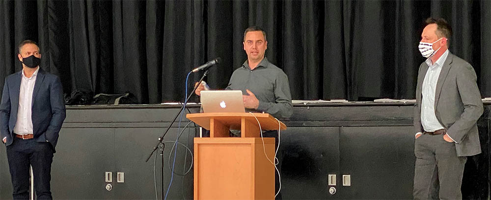 From left, Shayne Shepherd of Kohr Capital, Travis Penner of Bridge Road Developments, and Larry Scammell of Kohr Capital make a presentation to potential investors in a long-term care/assisted living facility in Moosomin to potential investors at the Conexus MCC Centre in Moosomin last week. Due to Covid-19 restrictions, there were four presentations over two days to potential investors.